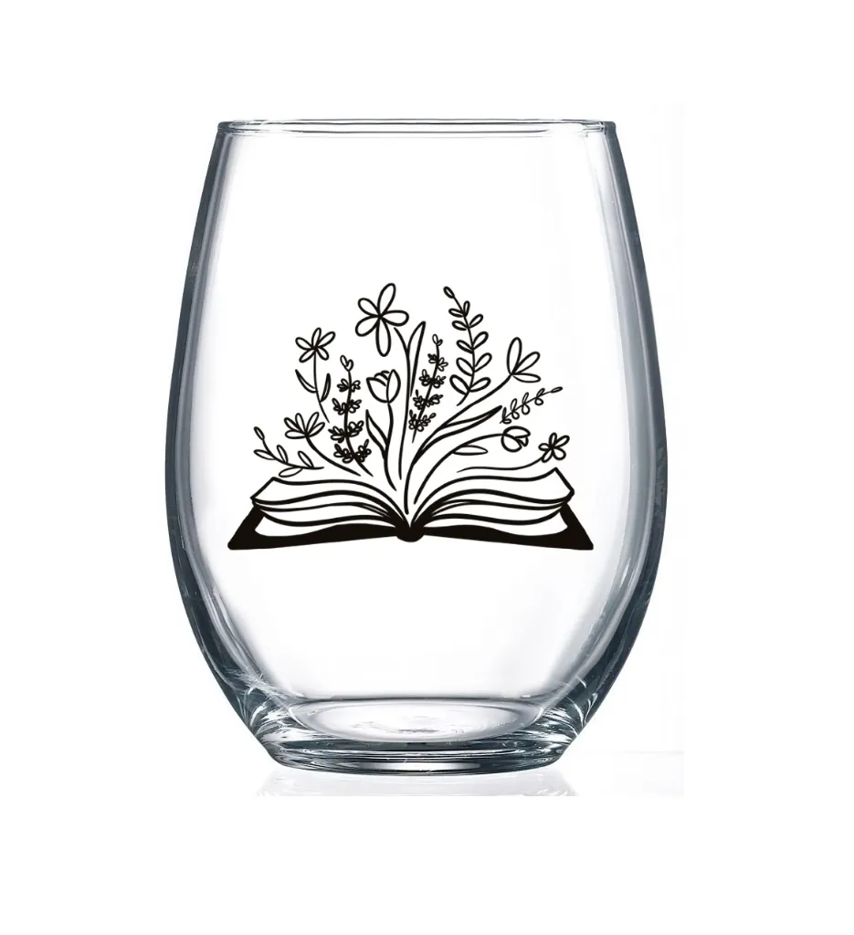 15oz Stemless Wine Glass Botanical Library Literary Design